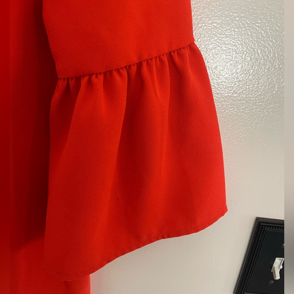 New J Crew Women’s Crepe Ruffle Neck Shift Bell Sleeve  Orangish Red, Size 00 - Picture 7 of 9